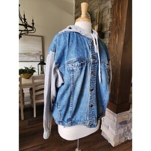 VTG Mens Denim Jacket Hoodie Combo Blue Gray Size L Streetwear Casual Outerwear‎